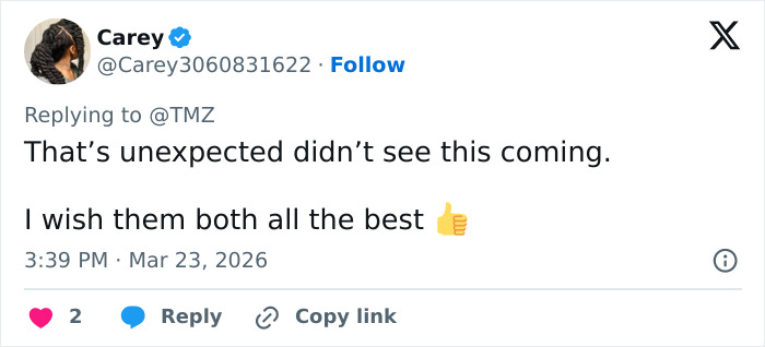 Screenshot of a Twitter reply expressing surprise and well wishes regarding Kelly Osbourne and fiancé Sid Wilson split news.
