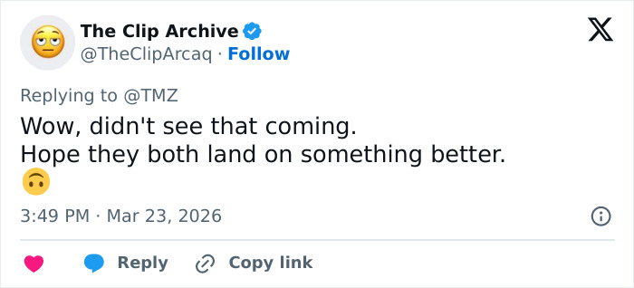 Tweet from The Clip Archive reacting to Kelly Osbourne and fiancé Sid Wilson reportedly splitting after her dramatic transformation.