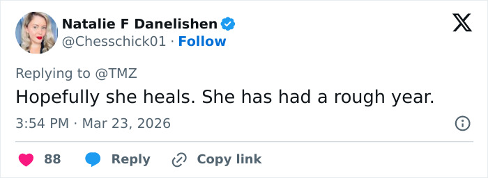 Tweet from Natalie F Danelishen expressing hope for Kelly Osbourne’s healing after a rough year amid reported split with fiancé Sid Wilson.