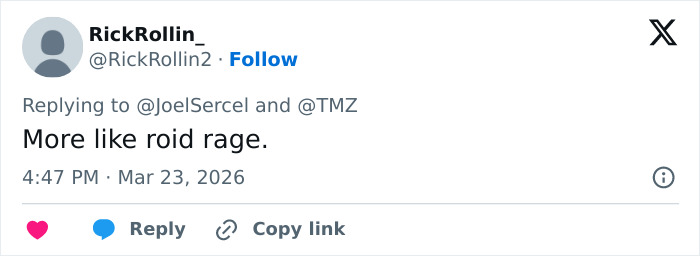 Tweet from user RickRollin_ replying to TMZ, commenting on a Reacher star Alan Ritchson altercation caught on video.