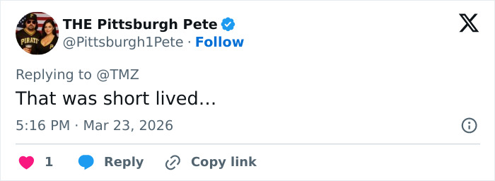 Tweet from THE Pittsburgh Pete replying to TMZ with the text That was short lived, discussing Kelly Osbourne and fiancé Sid Wilson split.