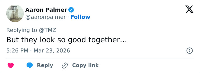 Screenshot of a tweet by Aaron Palmer commenting on Kelly Osbourne and fiancé Sid Wilson's reported split after her dramatic transformation.