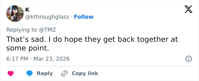 Tweet comment responding to news about Kelly Osbourne and fiancé Sid Wilson reportedly splitting after her dramatic transformation.