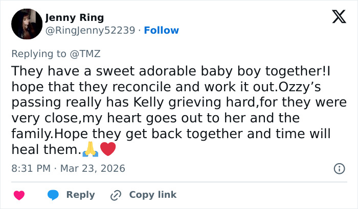 Tweet from Jenny Ring about Kelly Osbourne and fiancé Sid Wilson reportedly splitting after her dramatic transformation.