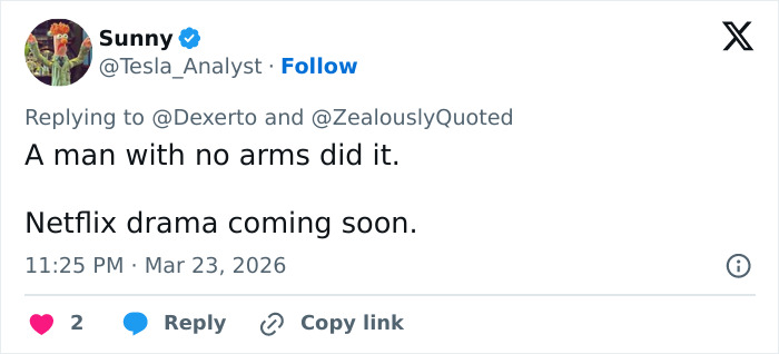 Tweet by a user named Sunny referencing a man with no arms accused in a dramatic crime, mentioning a Netflix drama coming soon.