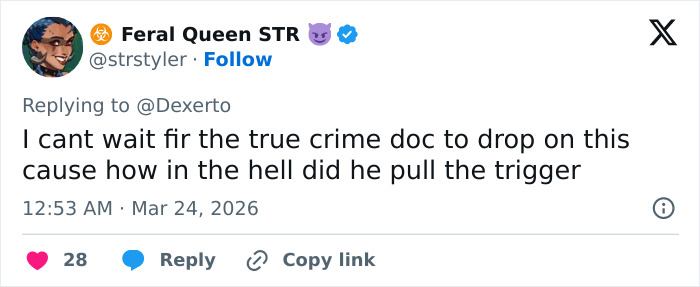 Screenshot of a tweet discussing a wild true crime story about a man with no arms or legs accused of a slaying.