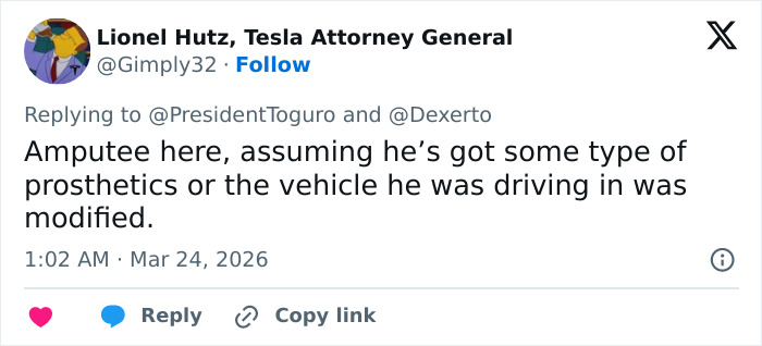 Screenshot of a tweet discussing a man with no arms or legs driving a modified vehicle after a slaying incident.