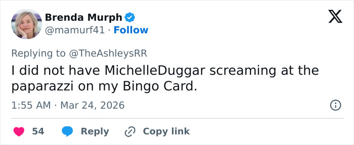 Tweet mentioning Michelle Duggar in a heated confrontation after bailing daughter-in-law out of jail, posted by Brenda Murph.