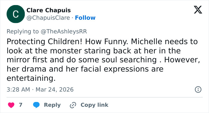 Tweet by Clare Chapuis criticizing Michelle Duggar, discussing drama and facial expressions in a heated confrontation.