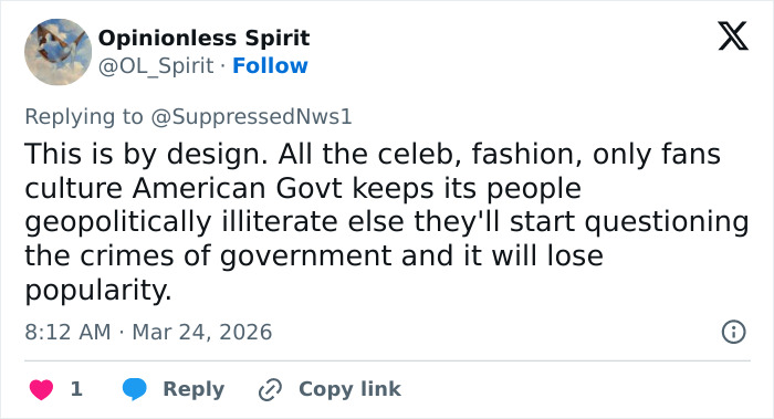 Tweet screenshot showing a user commenting on how spring breakers answer news questions in vapid ways to stay geopolitically illiterate.