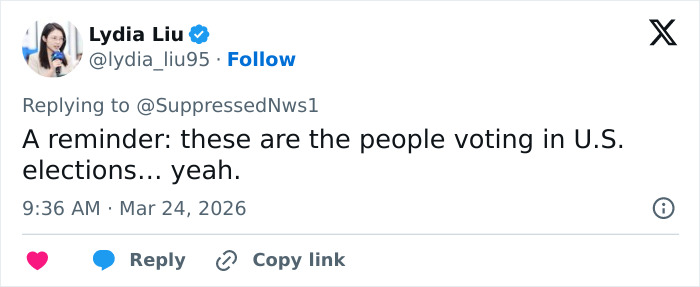 Tweet by Lydia Liu commenting on spring breakers responding to news questions with shallow answers during elections.