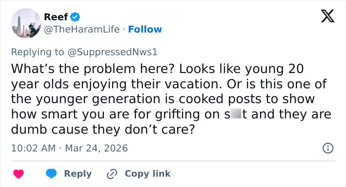 Tweet screenshot showing a comment about young adults enjoying vacation related to viral video of spring breakers answering news questions vapidly.