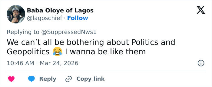 Tweet from Baba Oloye of Lagos reacting humorously about spring breakers' shallow responses on politics and geopolitics.