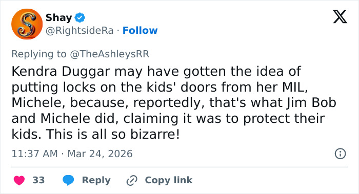 Tweet highlighting Michelle Duggar's alleged involvement in putting locks on kids' doors amid family tensions.
