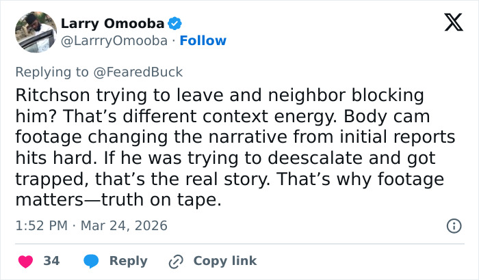 Tweet discussing Alan Ritchson’s bodycam footage revealing details of a brutal neighbor confrontation start.