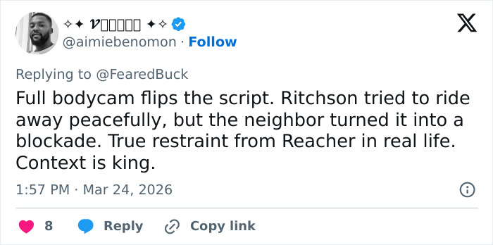 Tweet discussing Alan Ritchson’s bodycam footage revealing details of a brutal neighbor confrontation and restraint.