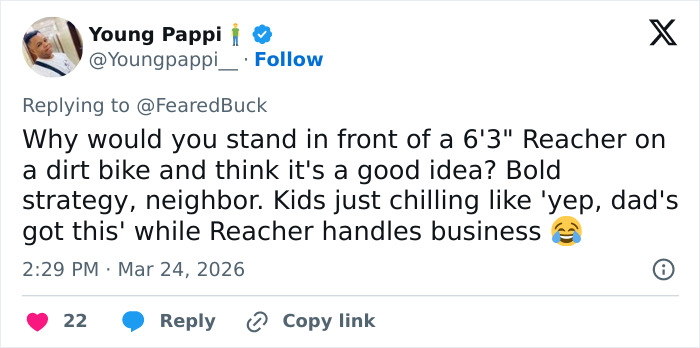 Tweet discussing a neighbor confrontation involving a 6'3" Reacher on a dirt bike in Alan Ritchson’s bodycam footage.