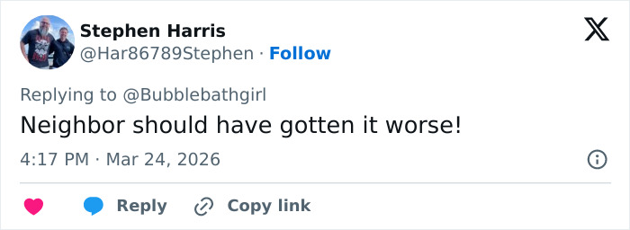 Tweet from Stephen Harris reacting to Alan Ritchson’s bodycam footage describing brutal neighbor confrontation details.