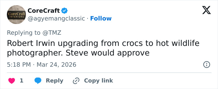 Tweet sobre a suposta nova namorada de Robert Irwin provoca reações acaloradas, mencionando fotografia e aprovação da vida selvagem.