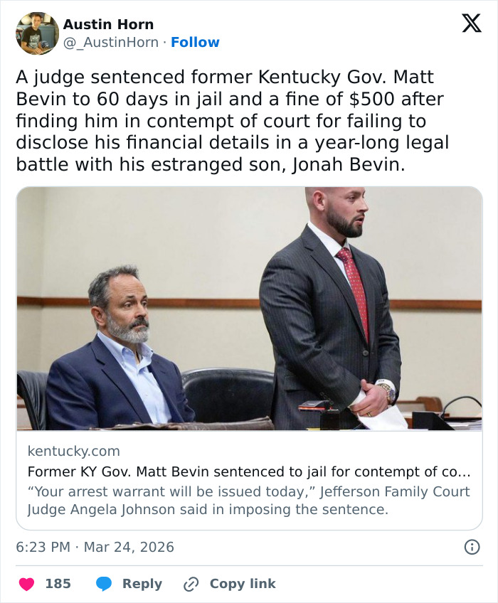 Mandado de prisão emitido para ex-governador de Kentucky