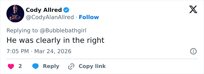 Screenshot of a Twitter reply by Cody Allred stating he was clearly in the right about Alan Ritchson’s bodycam footage incident.
