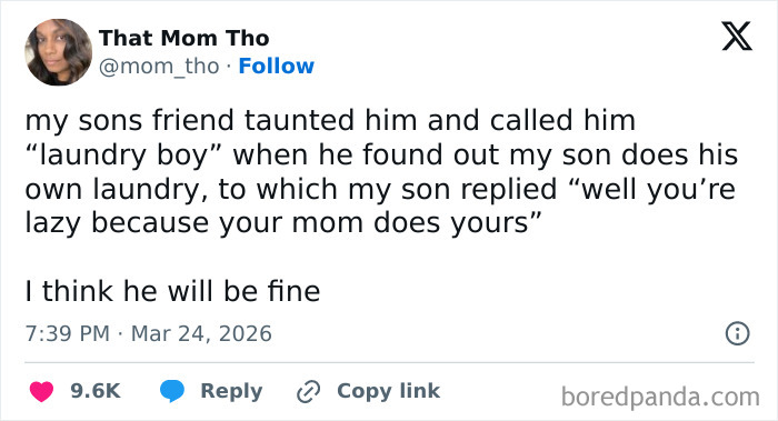 Tweet showing a funny and honest parenting struggle about kids doing their own laundry and sibling taunts online.