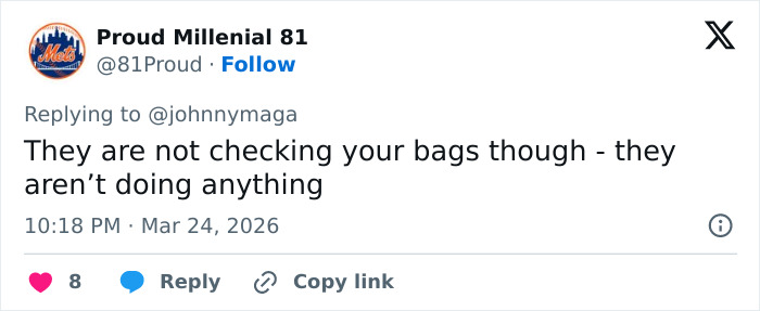 Twitter user Proud Millenial 81 replying about airport ICE checks and bags, sparking reactions online.