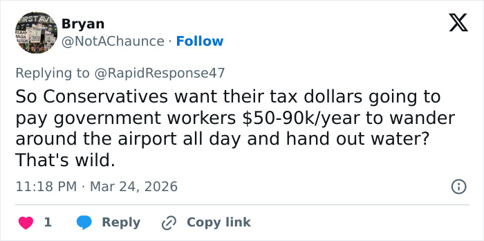 Tweet discussing reactions to ICE presence at the airport with critical commentary on government spending and workers.