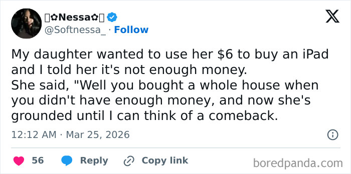 Tweet showing a funny parent-kid conversation highlighting humor in family interactions and witty kid comebacks.