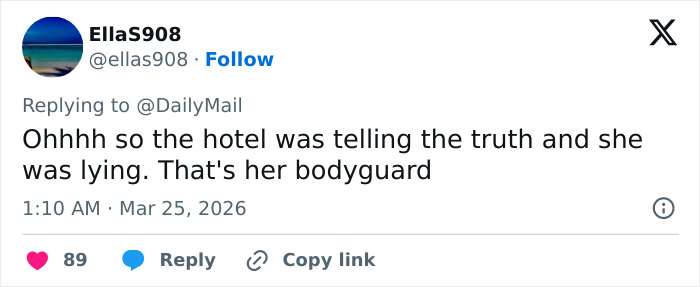 Twitter reply from user EllaS908 accusing Chappell Roan's bodyguard of lying about Jude Law's daughter incident with hotel security. Twitter reply from user EllaS908 accusing Chappell Roan's bodyguard of lying about Jude Law's daughter incident with hotel security.