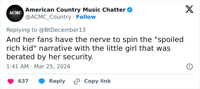Tweet from American Country Music Chatter discussing fans' reaction to security guard’s treatment of Jude Law’s daughter and Chappell Roan background.