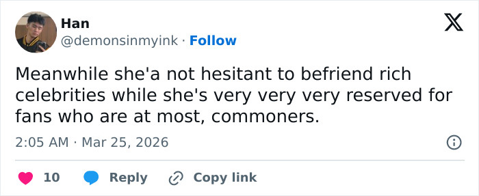 Tweet by Han discussing Chappell Roan’s background and fans' reactions to security guard’s treatment of Jude Law’s daughter.