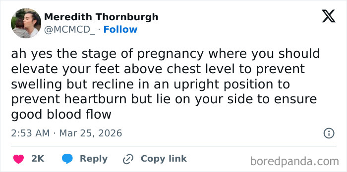 Tweet about pregnancy struggles by Meredith Thornburgh, illustrating honest parenting challenges shared by funny and honest parents on X.