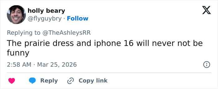 Tweet by Holly Beary discussing humor related to prairie dress and iPhone 16 in a social media reply.
