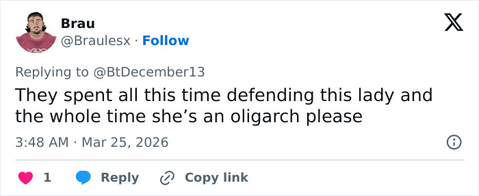 Tweet from user Braulesx criticizing defense of a lady, mentioning oligarch, relating to Chappell Roan background and security guard treatment.