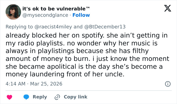 Twitter user criticizing Chappell Roan’s music and discussing allegations related to her background and money laundering.