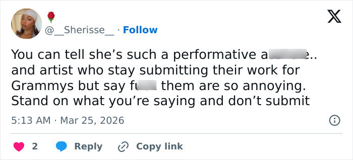 Tweet criticizing an artist’s performative actions and Grammy submissions sparking online discussion about Chappell Roan’s background.