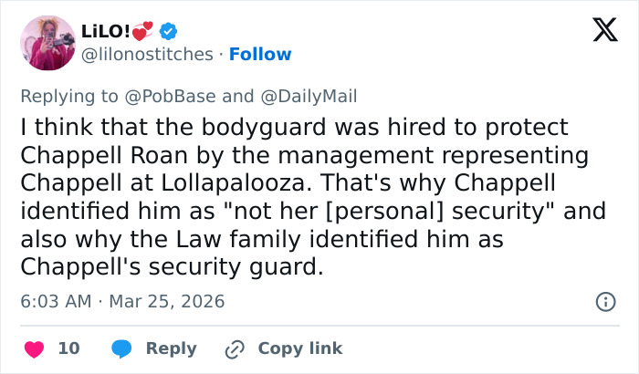Tweet discussing Chappell Roan, security guard identity, and fans' reactions to Jude Law's daughter's incident. Tweet discussing Chappell Roan, security guard identity, and fans' reactions to Jude Law's daughter's incident.