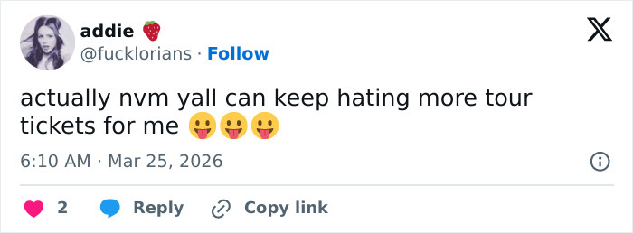 Tweet from a user expressing defiance about fans hating but still buying more Chappell Roan tour tickets.