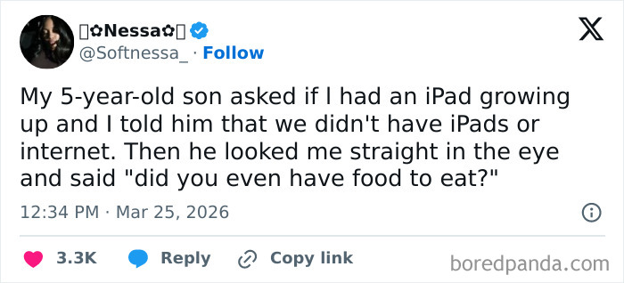 Tweet from a parent sharing a funny and honest struggle about growing up without iPads or internet.