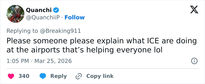 Tweet by Quanchi questioning ICE presence at airports, sparking internet buzz over Brooklyn man’s priceless reaction.