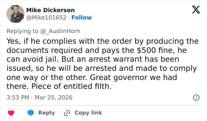 Mandado de prisão emitido para ex-governador de Kentucky