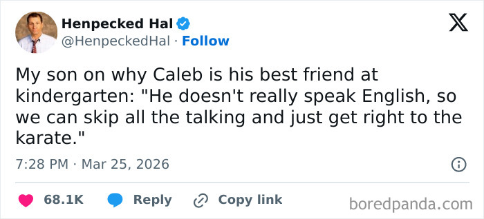 Tweet from Henpecked Hal sharing a funny parenting moment about his son's best friend in kindergarten, highlighting honest parent struggles.