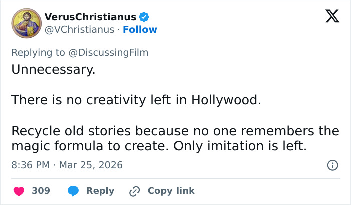 Tweet discussing lack of creativity in Hollywood and criticism related to Harry Potter reboot backlash. Tweet discussing lack of creativity in Hollywood and criticism related to Harry Potter reboot backlash.