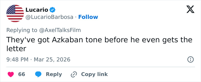 Tweet from Lucario Barbosa commenting on the Harry Potter reboot tone, referencing Azkaban before letter arrival. Tweet from Lucario Barbosa commenting on the Harry Potter reboot tone, referencing Azkaban before letter arrival.