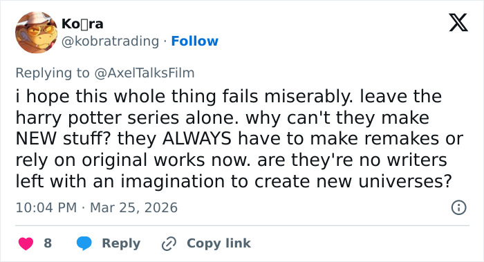 Screenshot of a tweet expressing frustration over the Harry Potter reboot amid backlash on social media. Screenshot of a tweet expressing frustration over the Harry Potter reboot amid backlash on social media.