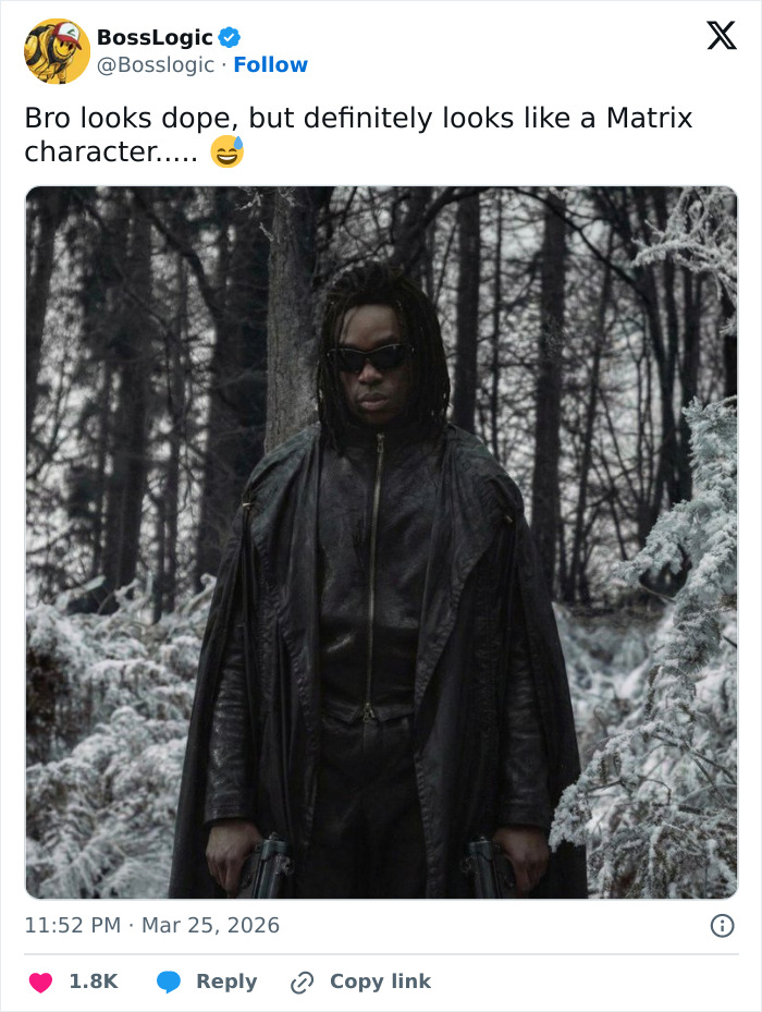 Man dressed like a Matrix character in a dark leather coat holding guns in snowy forest, Harry Potter series fan meme.