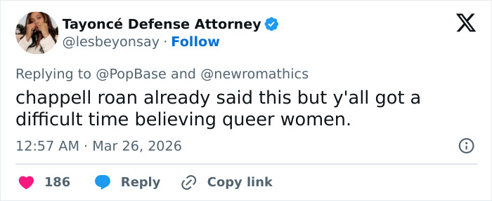 Tweet from Tayonc&eacute; Defense Attorney addressing disbelief in queer women amid Chappell Roan controversy involving security guard and Jude Law&rsquo;s daughter.