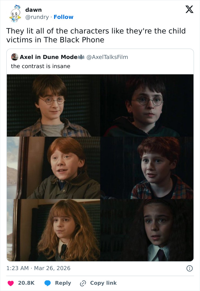 Side-by-side images of characters from the HBO Harry Potter series showing contrasting lighting and expressions fans relate to.