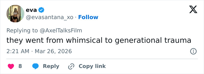 Screenshot of a tweet by user eva reacting to Harry Potter reboot backlash with a comment on generational trauma. Screenshot of a tweet by user eva reacting to Harry Potter reboot backlash with a comment on generational trauma.